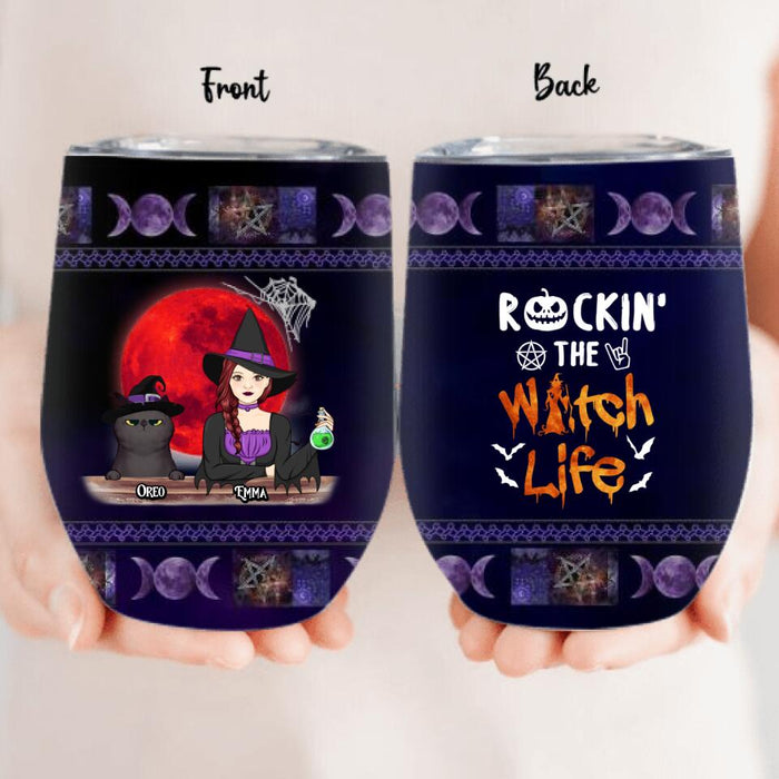 Custom Personalized Pet Witch Wine Tumbler - Up to 3 Pets - Halloween Gift For Dog/ Cat Lover - Rockin' The Witch Life