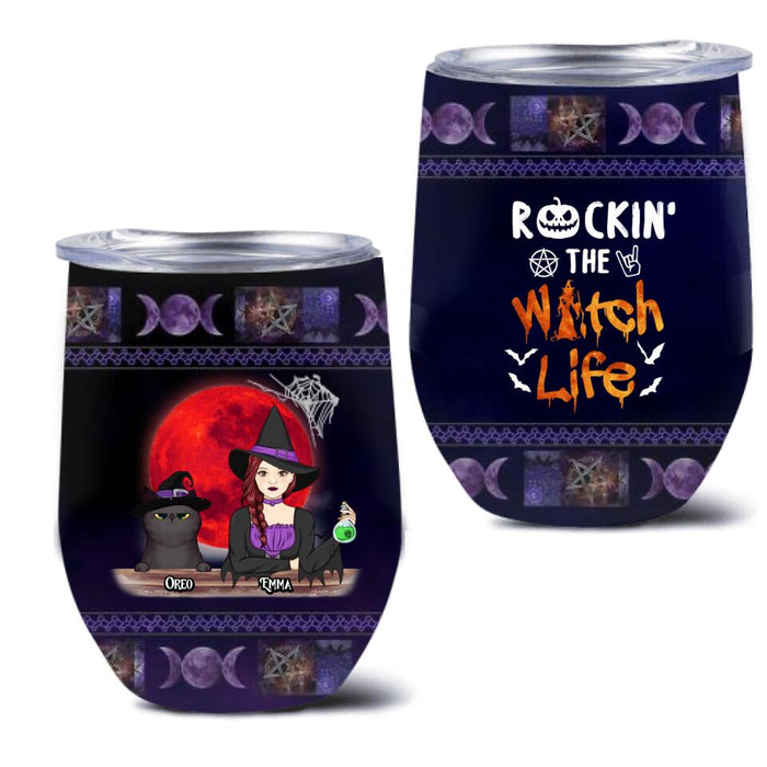 Custom Personalized Pet Witch Wine Tumbler - Up to 3 Pets - Halloween Gift For Dog/ Cat Lover - Rockin' The Witch Life