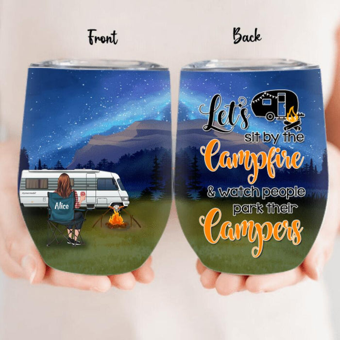 Personalized Camping Wine Tumbler - Gift For Camping Lovers - Single/Couple with up to 4 Pets - Let's Sit By The Campfire
