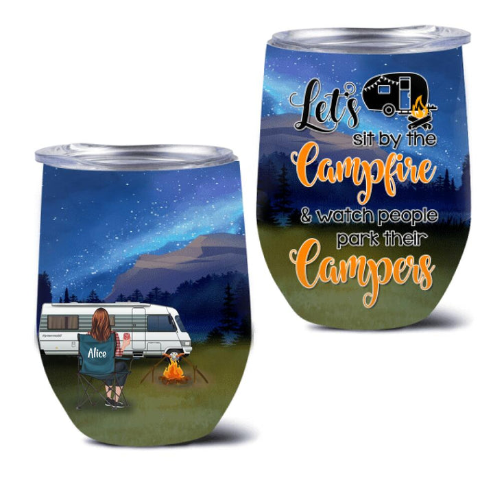Personalized Camping Wine Tumbler - Gift For Camping Lovers - Single/Couple with up to 4 Pets - Let's Sit By The Campfire