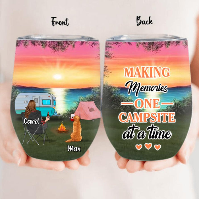 Custom Personalized Camping Wine Tumbler - Couple With Upto 2 Kids And 3 Pets - Gift Idea For Camping Lover - Making Memories One Campsite At A Time