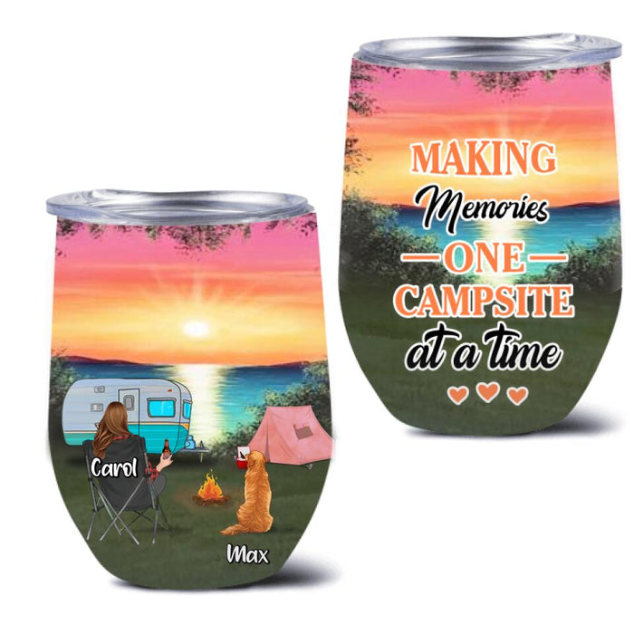 Custom Personalized Camping Wine Tumbler - Couple With Upto 2 Kids And 3 Pets - Gift Idea For Camping Lover - Making Memories One Campsite At A Time