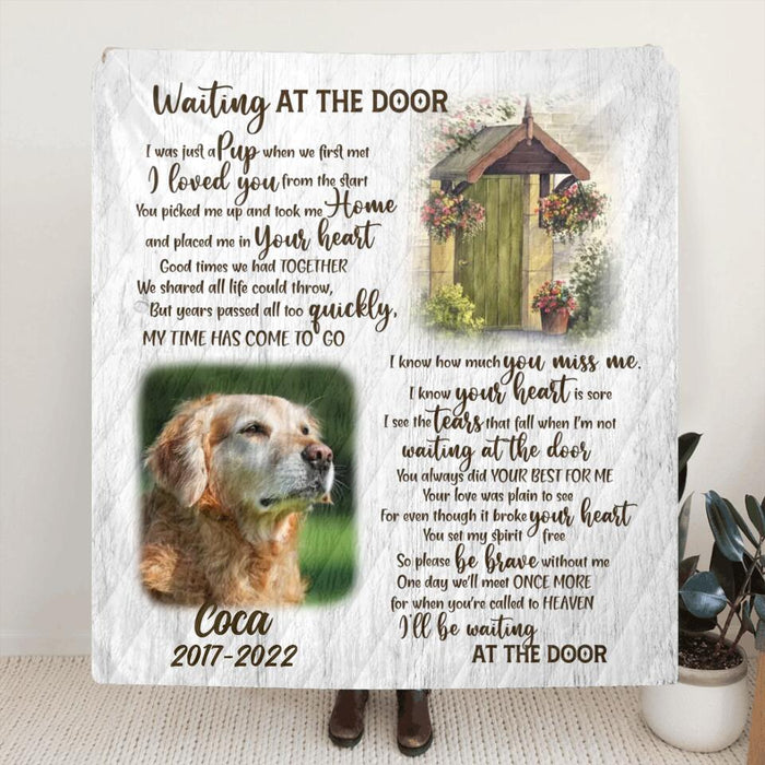 Custom Personalized Memorial Dog Fleece/Quilt Blanket - Memorial Gift For Dog Lover - Waiting At The Door