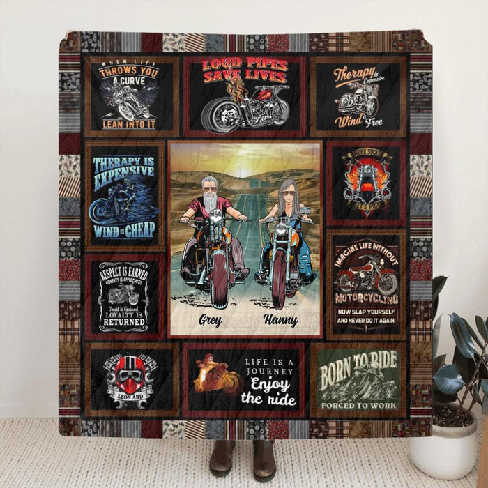 Custom Personalized Couple Biker Quilt/Single Layer Fleece Blanket - Gift Idea For Couple/Biking Lovers - Life Is A Journey Enjoy The Ride