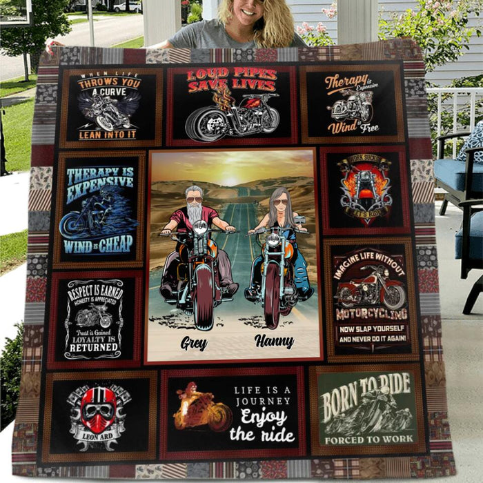 Custom Personalized Couple Biker Quilt/Single Layer Fleece Blanket - Gift Idea For Couple/Biking Lovers - Life Is A Journey Enjoy The Ride