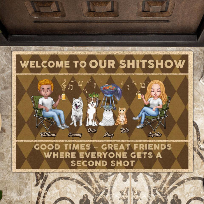 Custom Personalized Couple With Pet Doormat - Couple With Upto 4 Pets - Gift Idea For Couple/ Dog/Cat/Camping Lover - Welcome To Our Shitshow