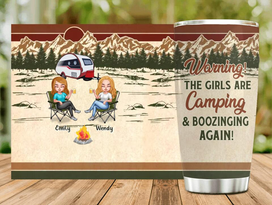 Custom Personalized Camping Friends Tumbler - Upto 7 Friends - Gift Idea For Friends/Besties/Camping Lovers - Warning The Girls Are Camping & Boozinging Again