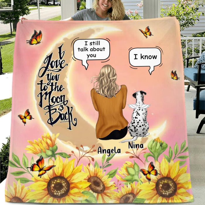 Custom Personalized Memorial Pet Sunflower Pillow Cover/ Fleece/Quilt Blanket - Memorial Gift Idea For Dog/Cat Lover - Adult/Couple With Upto 4 Pets - I Love You To The Moon & Back