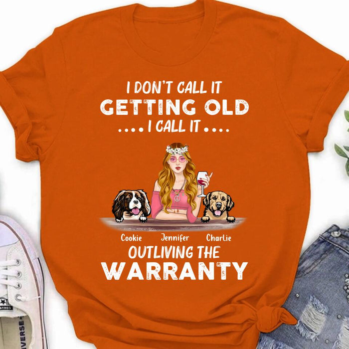 Custom Personalized Hippie Girl T-shirt/ Long Sleeve/ Sweatshirt/ Hoodie - Girl With Upto 2 Dogs - Gift Idea For Hippies/Dog Lovers - I Don't Call It Getting Old I Call It Outliving The Warranty