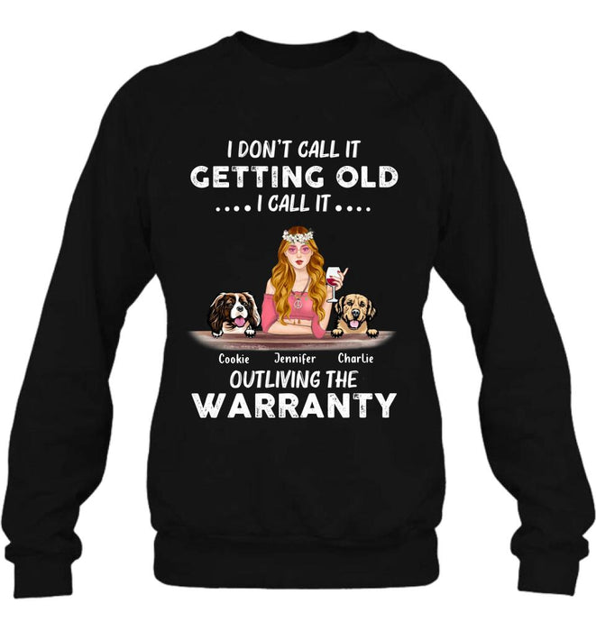 Custom Personalized Hippie Girl T-shirt/ Long Sleeve/ Sweatshirt/ Hoodie - Girl With Upto 2 Dogs - Gift Idea For Hippies/Dog Lovers - I Don't Call It Getting Old I Call It Outliving The Warranty