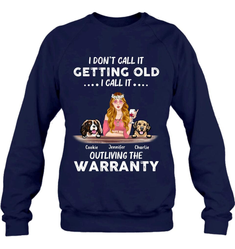 Personalized Hippie Girl T-shirt/Long Sleeve/Sweatshirt/Hoodie - Girl With Up to 2 Dogs - Gift Idea For Hippies/Dog Lovers - I Don't Call It Getting Old I Call It Outliving The Warranty