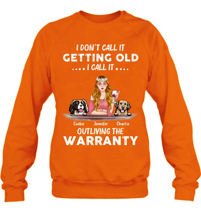 Custom Personalized Hippie Girl T-shirt/ Long Sleeve/ Sweatshirt/ Hoodie - Girl With Upto 2 Dogs - Gift Idea For Hippies/Dog Lovers - I Don't Call It Getting Old I Call It Outliving The Warranty