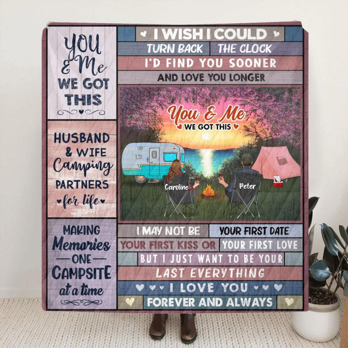 Custom Personalized Camping Couple Single Layer Fleece/ Quilt Blanket - Gift Idea From Couple/Camping Lover - Couple With Upto 3 Pets - You & Me We Got This