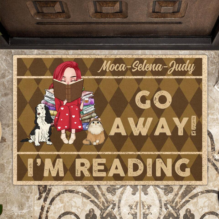 Custom Personalized Reading Girl Doormat - Girl With Upto 2 Pets - Gift Idea For Dog/Cat/Book Lover - Go Away I'm Reading