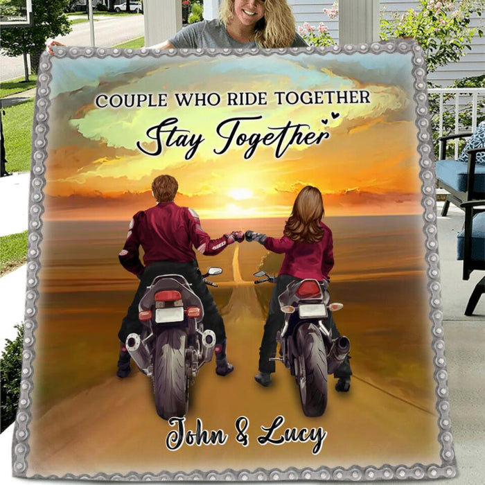 Personalized Biker Single Layer Fleece Blanket/ Quilt - Gift Idea For Couple/ Parents/ Wedding/ Anniversary - Couple Who Ride Together Stay Together