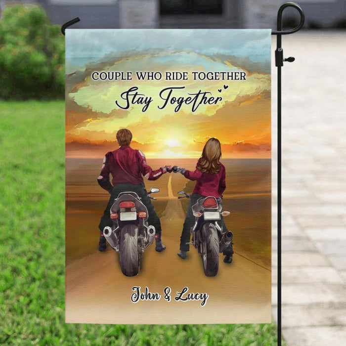 Personalized Biker Garden Flag Sign - Gift Idea For Couple/ Parents/ Wedding/ Anniversary - Couple Who Ride Together Stay Together