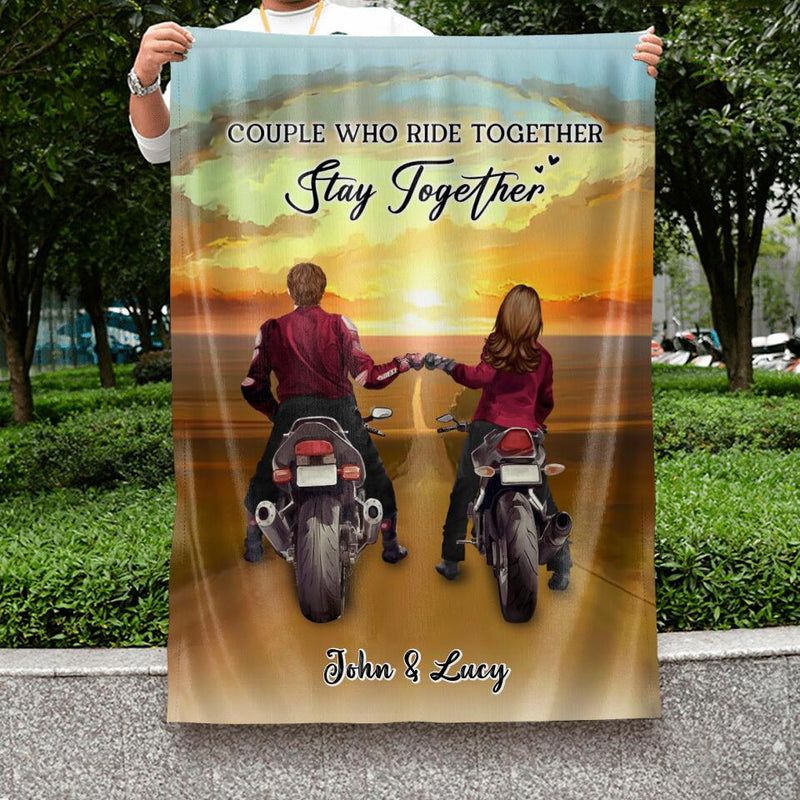 Personalized Biker Garden Flag Sign - Gift Idea For Couple/ Parents/ Wedding/ Anniversary - Couple Who Ride Together Stay Together