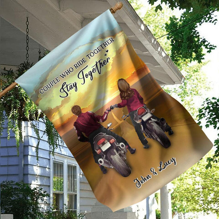 Personalized Biker Garden Flag Sign - Gift Idea For Couple/ Parents/ Wedding/ Anniversary - Couple Who Ride Together Stay Together