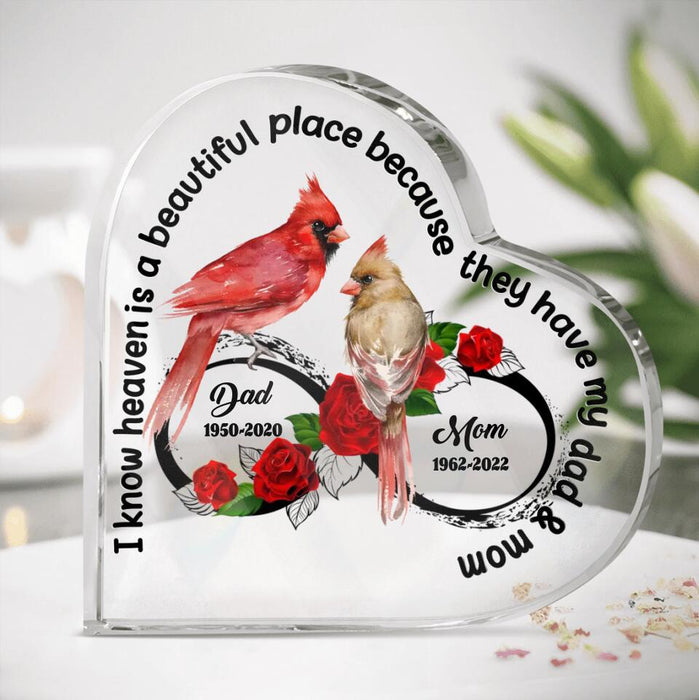 Custom Personalized Cardinal Crystal Heart - Gift Idea For Loss of Parents/ Mom/ Dad - I Know Heaven Is A Beautiful Place