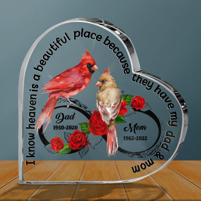 Custom Personalized Cardinal Crystal Heart - Gift Idea For Loss of Parents/ Mom/ Dad - I Know Heaven Is A Beautiful Place