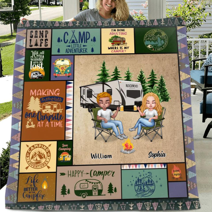 Custom Personalized Camping Fleece/Quilt Blanket - Gift Idea For Couple/Camping Lover - Couple With Upto 4 Dogs/Cats