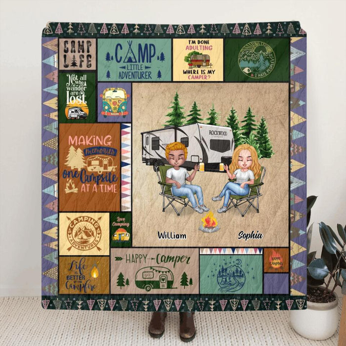 Custom Personalized Camping Fleece/Quilt Blanket - Gift Idea For Couple/Camping Lover - Couple With Upto 4 Dogs/Cats