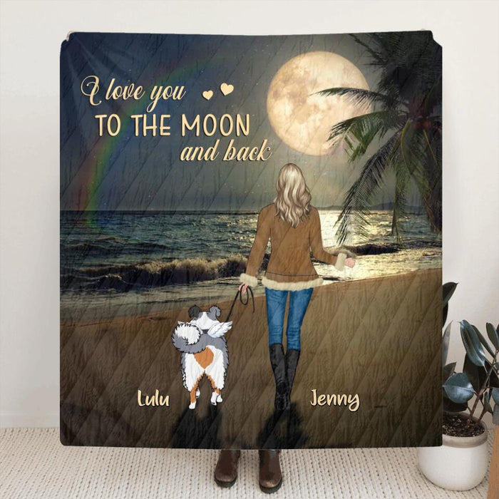 Personalized Dog Mom Single Layer Fleece Blanket/ Quilt - I Love You To The Moon and Back - Memorial Gift For Dog Owner/ Dog Lover