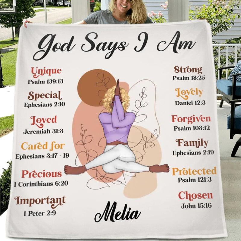 Personalized Yoga Girl Quilt/Fleece Throw Blanket/Pillow Cover - Gift Idea For Yoga Lovers - God Says I am