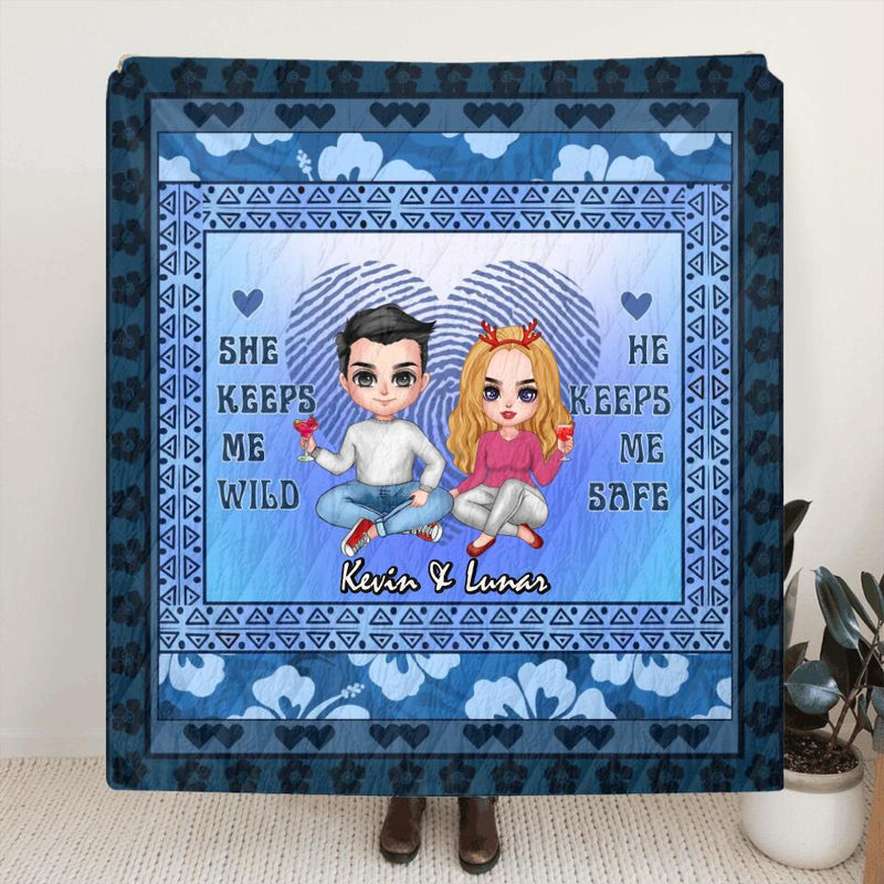 Personalized Couple Quilt/Fleece Throw Blanket - Gift Idea For Couple/Anniversary Gift - He Keeps Me Safe She Keeps Me Wild