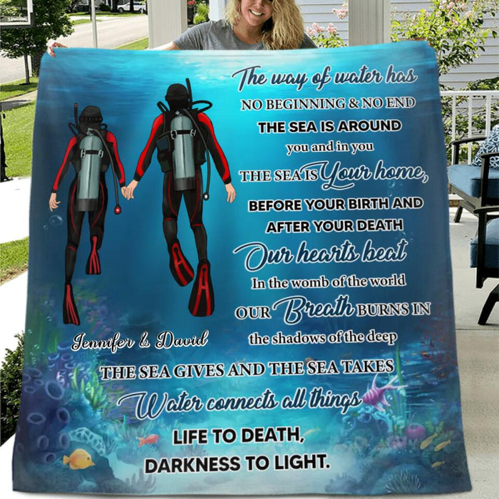 Custom Personalized Diving Single Layer Fleece Blanket/ Quilt Blanket - Gift Idea For Couple/ Diving Lover - The Way Of Water Has No Beginning And No End