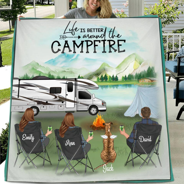 Personalized Camping Quilt Blanket - Two Women With 1 Man and 1 Pet - Gift Idea For Camping Lovers - Life Is Better Around The Campfire