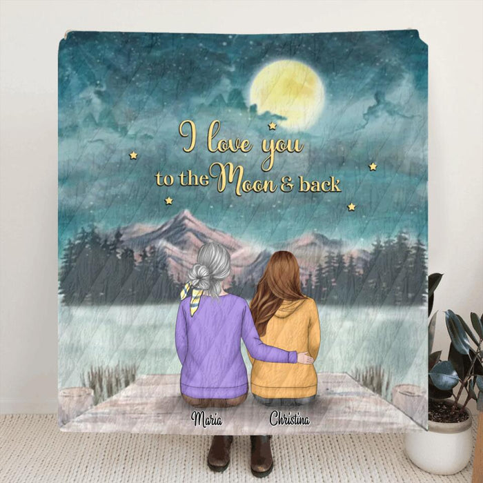 Custom Personalized Mom & Up to 2 Daughters Quilt/Fleece Blanket - Best mother’s day gift ideas - I love you to the moon and back