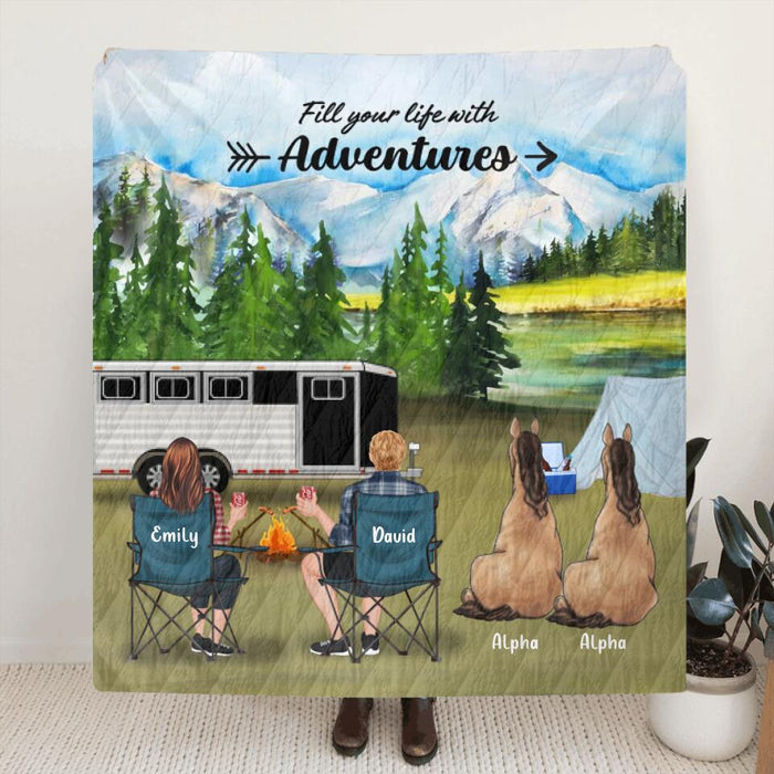 Custom Personalized Camping With Horses Quilt/ Fleece Blanket - Couple/Adult With Up to 2 Horses - Best Gift For Camping Lover, Horse Lovers