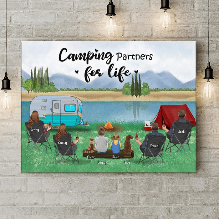 Custom Personalized Camping Canvas - Best Gift For Family/Camping Lovers - 2 Couples With 2 Children And 2 Pets - Camping Partners For Life