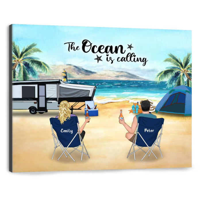 Personalized Beach Camping Canvas - Couple/Parents with upto 4 Kids and 2 Pets - Gift For Father's Day from Wife to Husband - The Ocean Is Calling - 1CTOH9