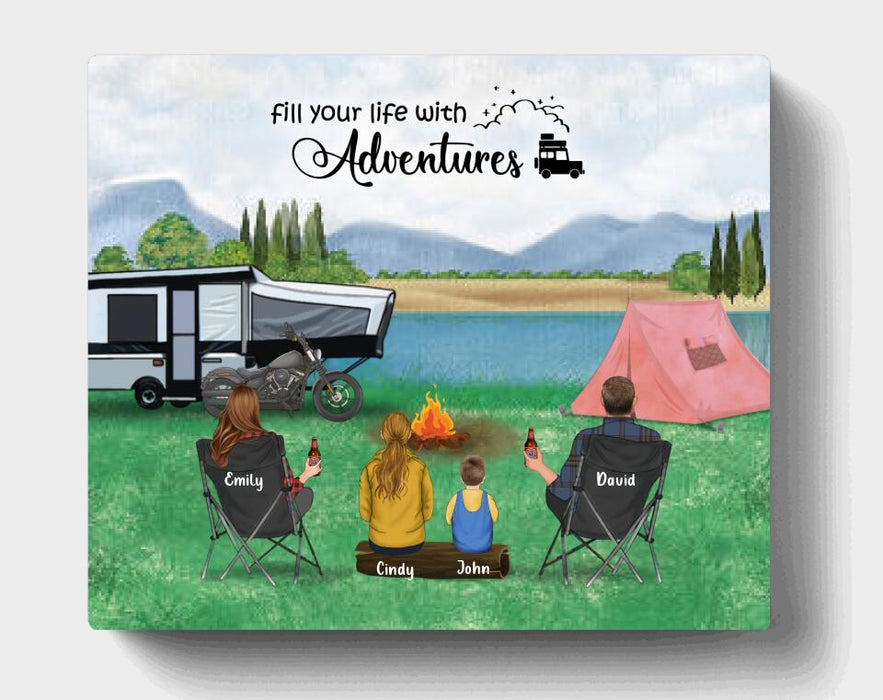 Custom Personalized Camping Canvas - Parents with 2 Kids and up to 4 Pets - Father's Day Gift from Wife to Husband - Fill your life with adventures