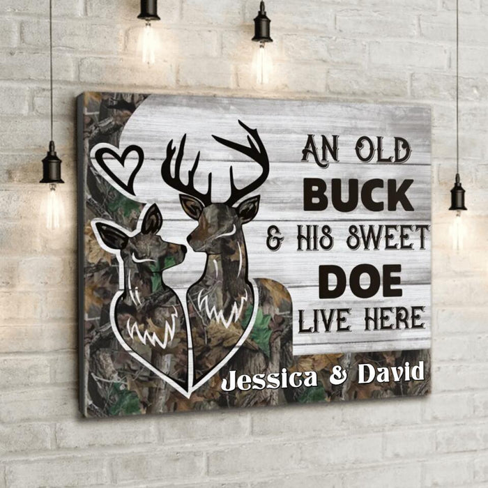 Custom Personalized Hunting Canvas - Gift For Couple, Husband and Wife - Deer Hunting Canvas - An old buck & his sweet doe live here