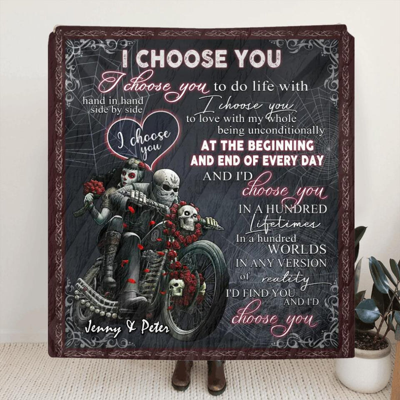 Personalized Skull Couple Quilt/Fleece Throw Blanket - Gift Idea For Couple/Halloween - I Choose You