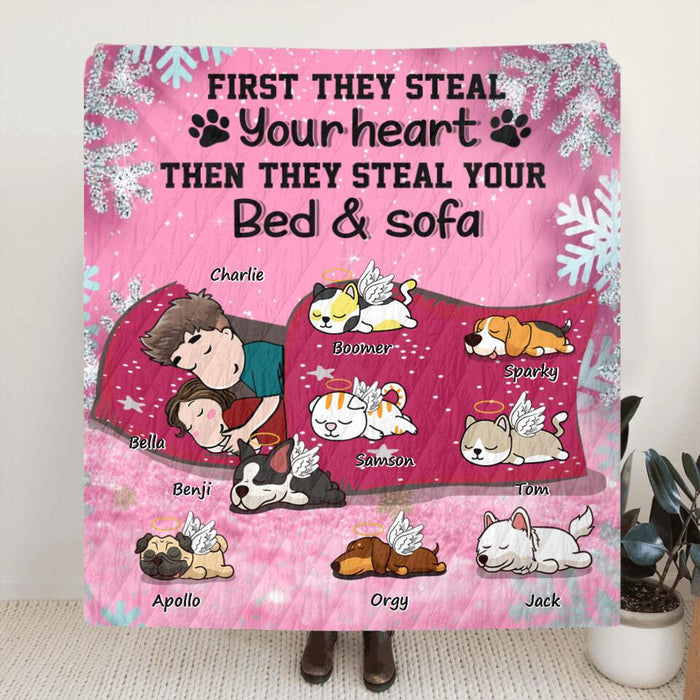 Custom Personalized Couple With Pet Quilt/Fleece 
Blanket - Couple With Upto 8 Pets - Best Gift For Dog/ Cat Lover - First They Steal Your Heart Then They Steal Your Bed And Sofa