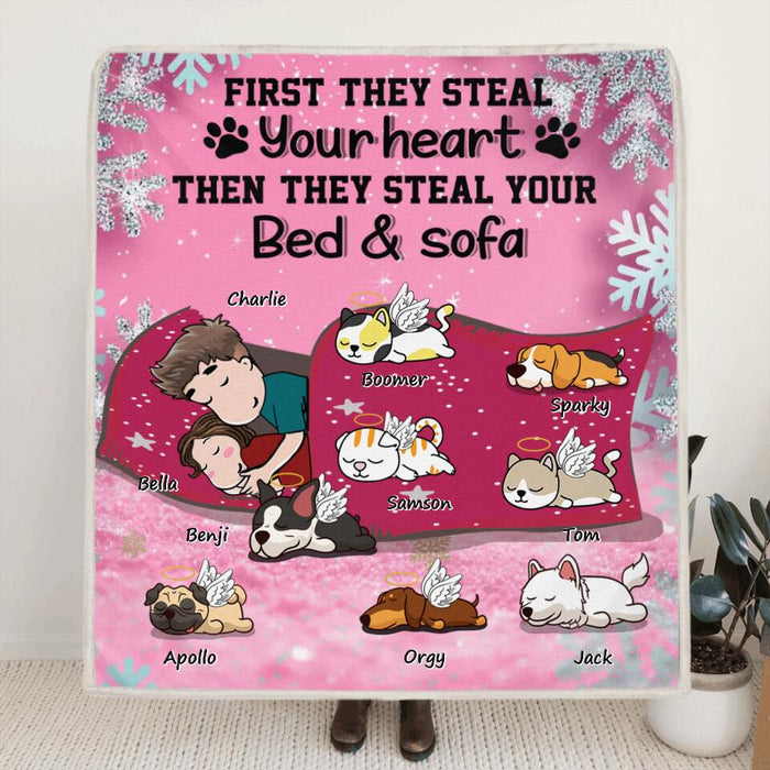 Custom Personalized Couple With Pet Quilt/Fleece 
Blanket - Couple With Upto 8 Pets - Best Gift For Dog/ Cat Lover - First They Steal Your Heart Then They Steal Your Bed And Sofa