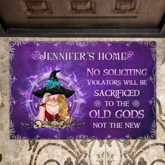 Custom Personalized Wicca Doormat - Halloween Gift Idea For Friend/Wiccan Decor/Pagan Decor - No Soliciting Violators Will Be Sacrificed To The Old Gods Not The New