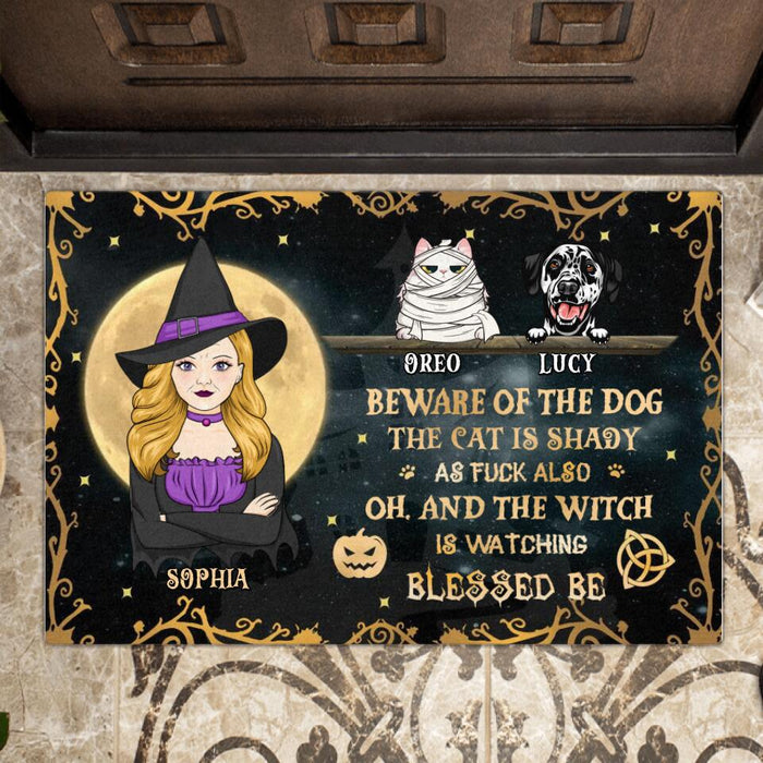 Custom Personalized Witch Doormat - Upto 4 Pets - Halloween Gift Idea For Friends/Dog/Cat Lovers - Beware Of The Dog The Cat Is Shady As Fuck Also