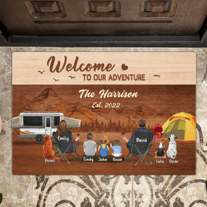 Personalized Camping Family Doormat - Couple/Parents/Single Parent With Upto 3 Kids And 3 Pets - Gift Idea For Family/ Camping/ Dog/Cat Lovers - Welcome To Our Adventure
