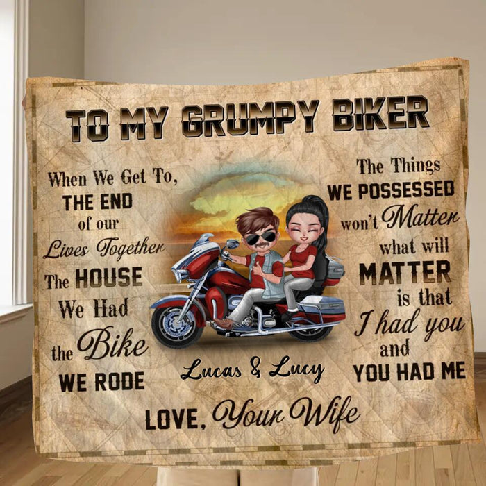 Custom Personalized Couple Riding Pillow Cover/ Quilt/Single Layer Fleece Blanket - Gift To Husband From Wife - To My Grumpy Biker