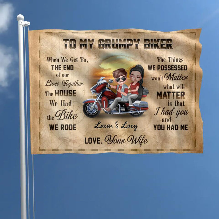 Custom Personalized Couple Riding Flag Sign - Gift To Couple/ Gift To Husband From Wife - To My Grumpy Biker