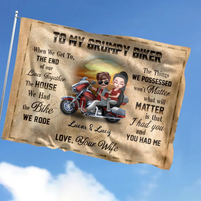 Custom Personalized Couple Riding Flag Sign - Gift To Couple/ Gift To Husband From Wife - To My Grumpy Biker