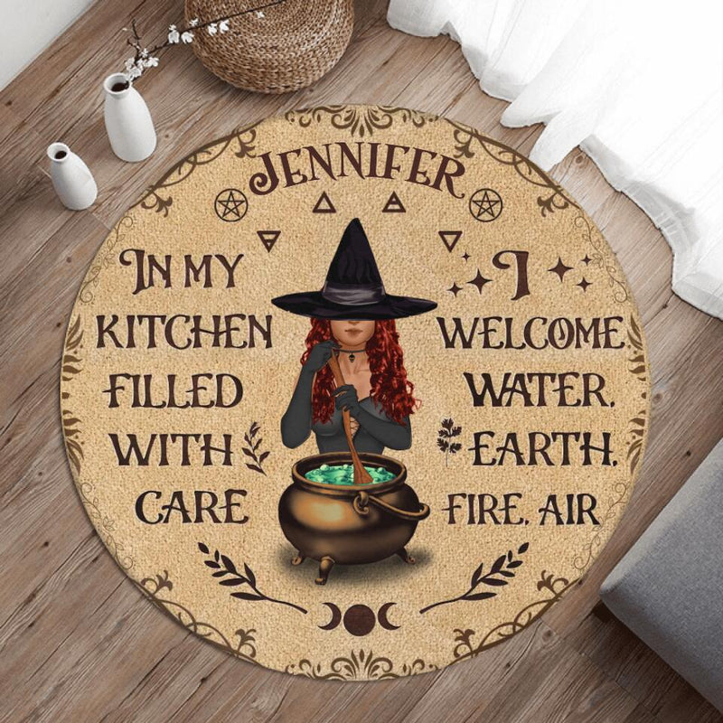 Personalized Witch Foldable Round Rug - Gift Idea For Halloween - In My Kitchen Filled With Care I Welcome Water, Earth, Fire, Air