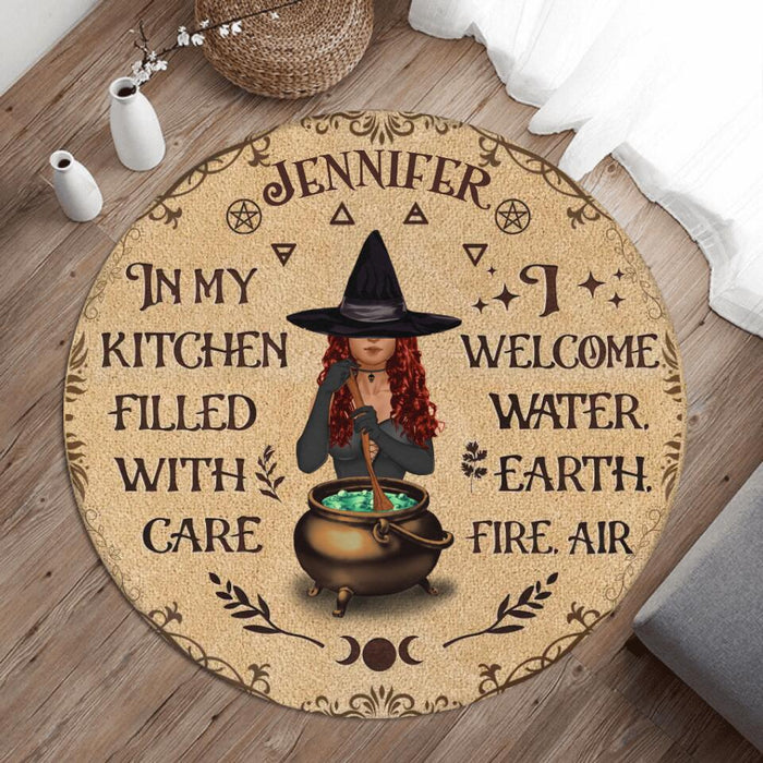 Custom Personalized Witch Foldable Round Rug - Gift Idea For Halloween - In My Kitchen Filled With Care I Welcome Water, Earth, Fire, Air