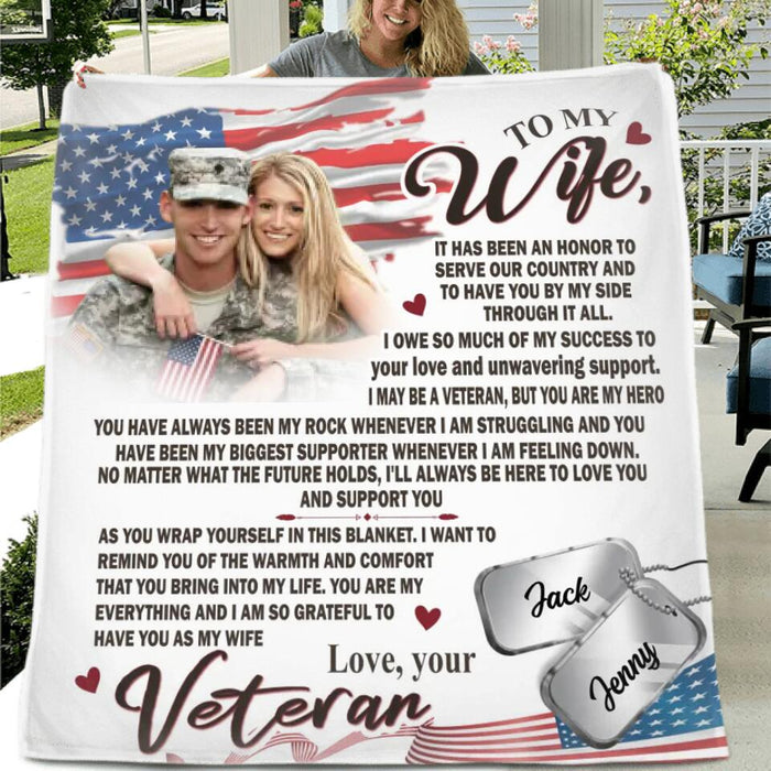 Custom Personalized Photo Single Layer Fleece/Quilt Blanket - Gift Idea For Veteran's Wife/ Gift For Her/ Mother's Day Gift For Wife From Husband