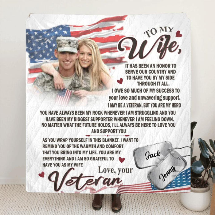 Custom Personalized Photo Single Layer Fleece/Quilt Blanket - Gift Idea For Veteran's Wife/ Gift For Her/ Mother's Day Gift For Wife From Husband